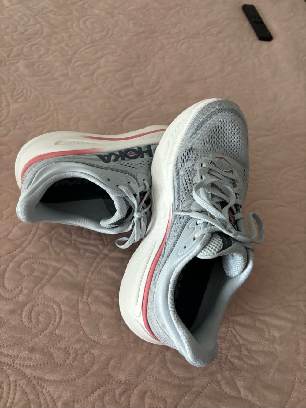 Hoka Light Gray and Pink Women's Running Shoes